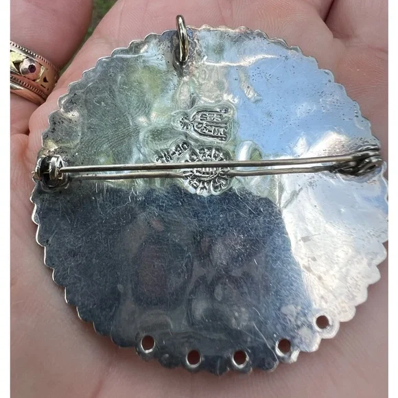 Vintage Sterling Silver Taxco Mexico Turquoise & Lapis Inlay Brooch Pendant - Picture 14 of 17